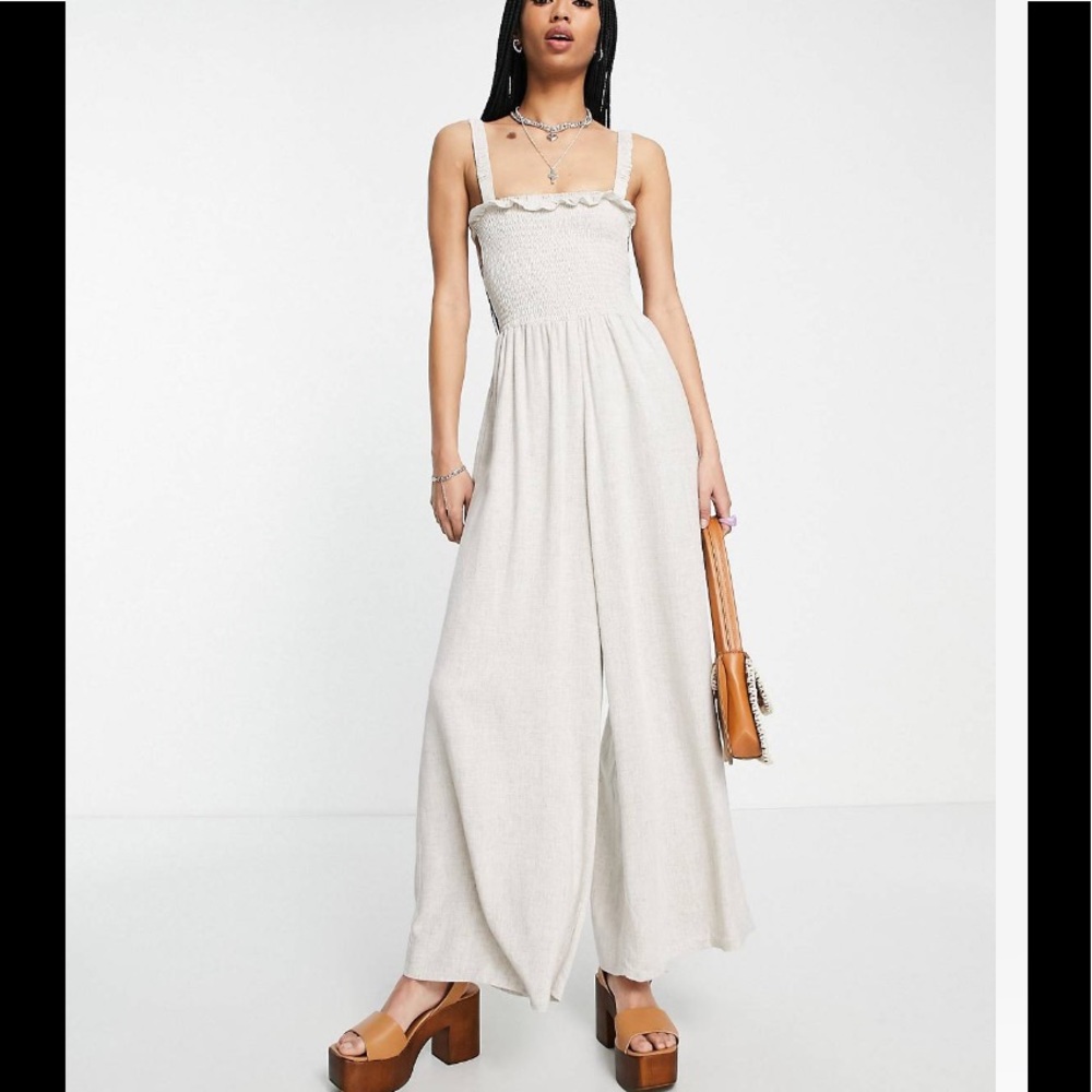 BNWOT Topshop linen shirred jumpsuit in natural beige size 6
